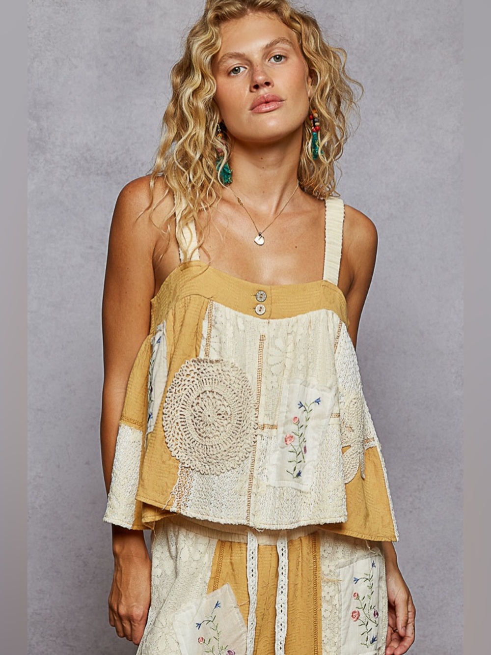 POL Patchwork Cream and Mustard Top and Wide-Leg pant set - Picture 10 of 12